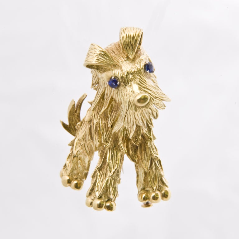 18kt. yellow gold Cartier double clip back brooch, with natural faceted sapphire eyes, signed Cartier