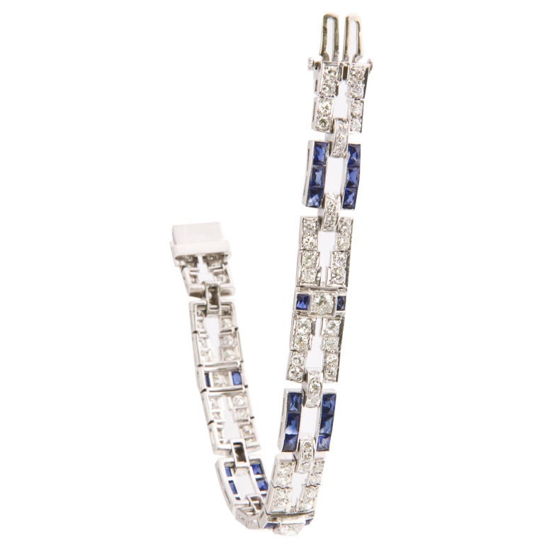 Platinum Art Deco Diamond and Sapphire Bracelet For Sale