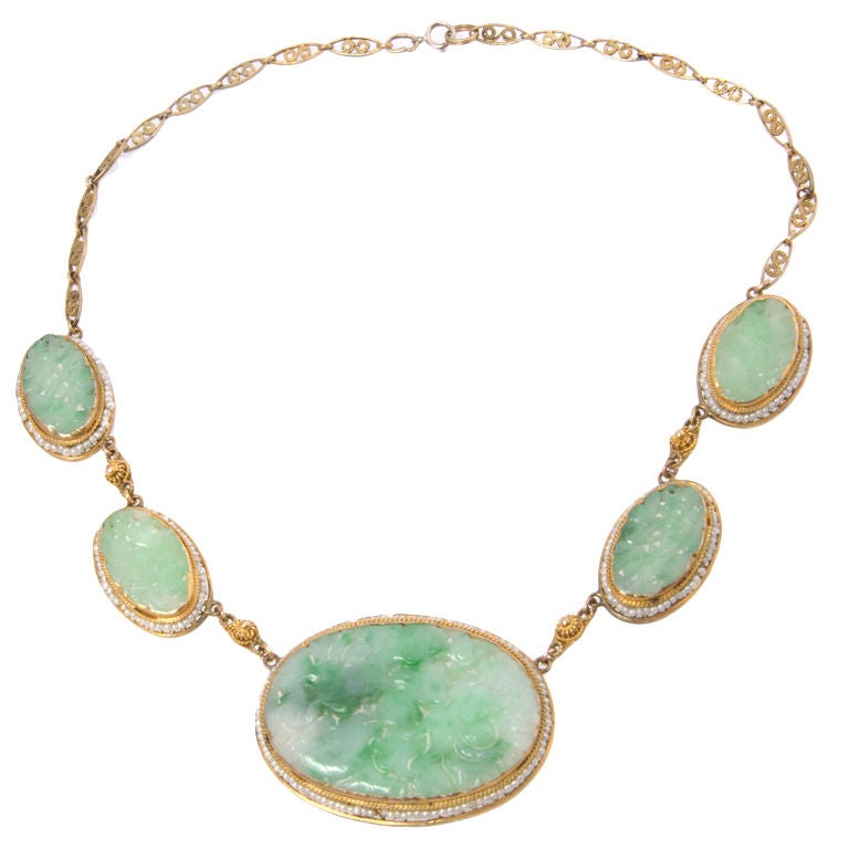 18Kt. Carved Jade and Seed Pearl Necklace