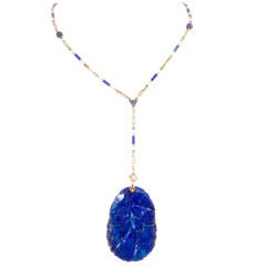 Carved Lapis Lazuli Pendant With Matching Enamel Chain