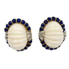 Angelskin Coral, Lapis and Diamond Earrings