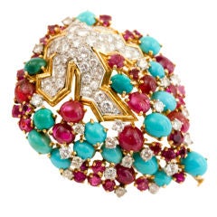 Vintage Vivid Ruby Turquoise and Diamond Brooch