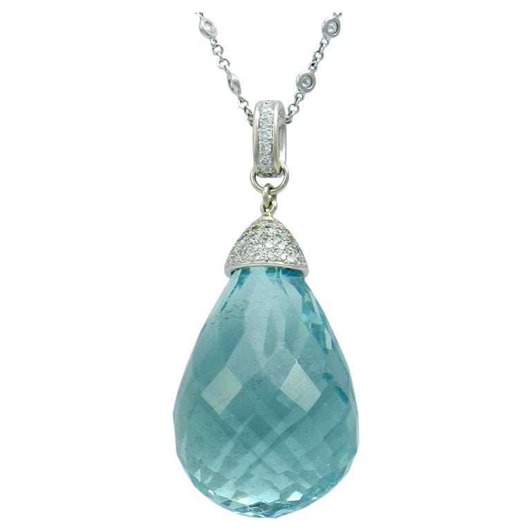 Majestic  180 Ct. Aquamarine Briolette Pendant with Diamonds For Sale