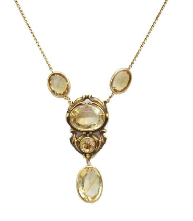 Lovely period Art Nouveau Newark maker Brassler and Co. citrine necklace. The patina is intact and is a larger in scale measuring an impressive 2 1/2