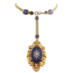 Heavenly Victorian Cobalt Enamel Diamond Locket and Chain