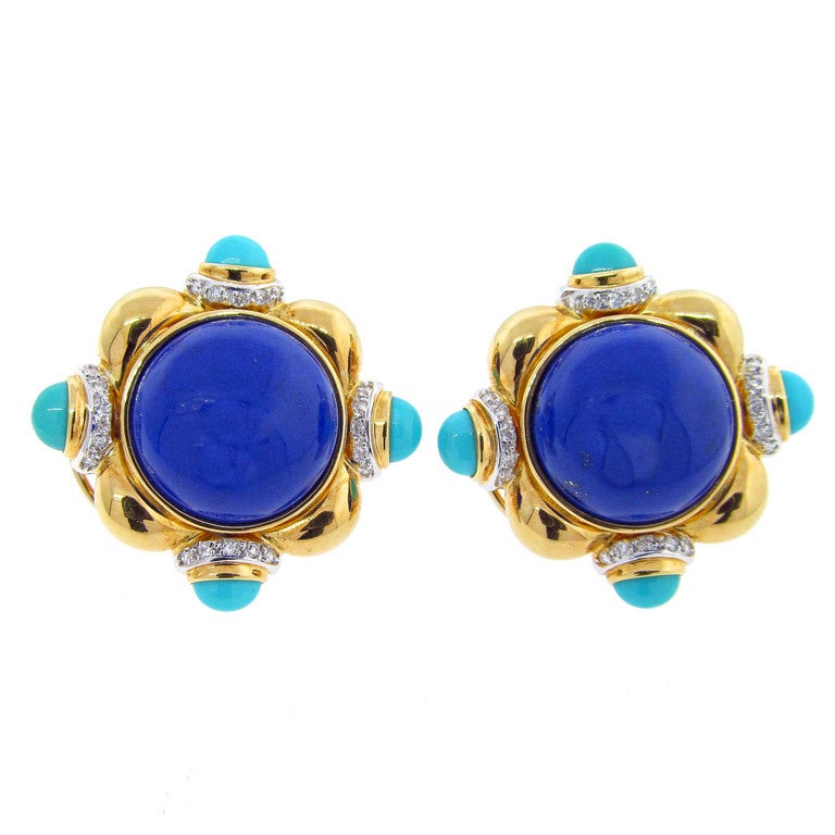 Regal Lapis Turquoise and Diamond Earrings