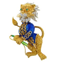 Whimisical Enamel and Diamond Lion Tamer Brooch