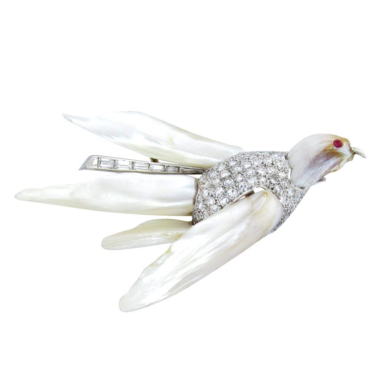 Natural River Pearl and Diamond Dove of Peace Brooch For Sale