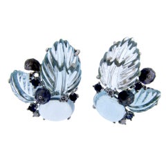 Carved Aquamarine Sapphire and Diamond Earrings