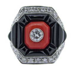 Bold Deco StyleOnyx Coral and Diamond Ring