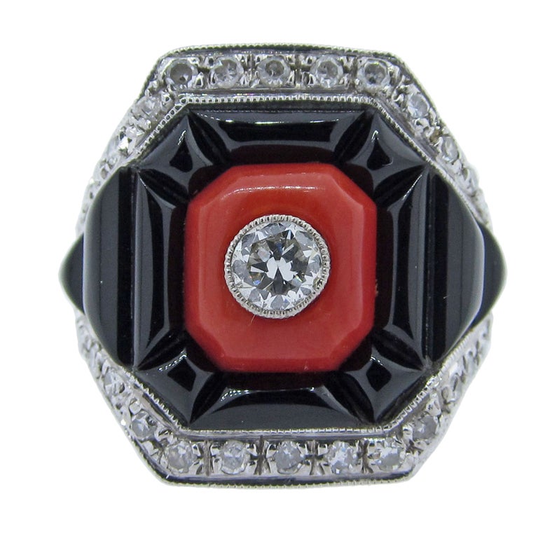 Bold Deco StyleOnyx Coral and Diamond Ring For Sale