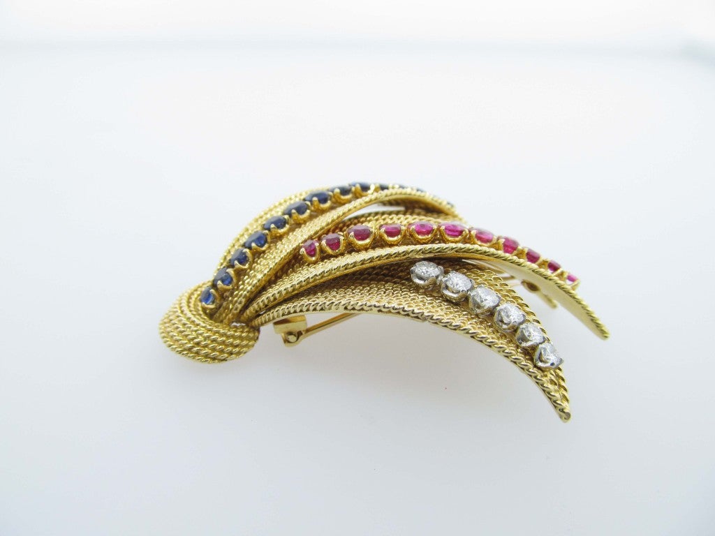 Glorious Ruby Sapphire and Diamond Brooch