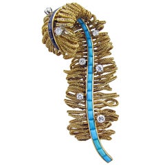 1960s Turquoise French Fringe Feather Brooch