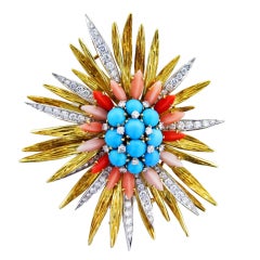 Vintage Sensatioal Starburst Coral Turquoise and Diamond Brooch