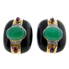 Chrysophrase  and Black Onyx Earrings with Diamond and Ruby
