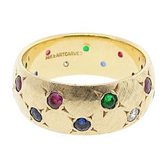 Retro Art Carved Ruby, Sapphire, Emerald, And Diamond Band