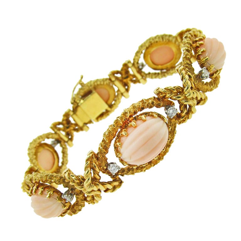 CELLINO Fluted Angelskin Coral and Diamond Bracelet For Sale
