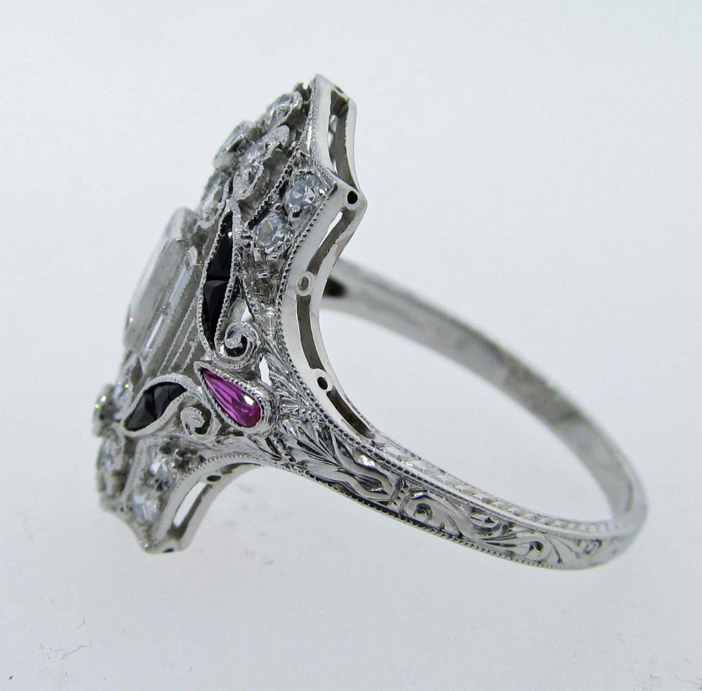 Art Deco Diamond Ring with Onyx and Ruby