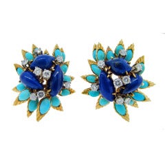 Dramatic Italian Turquoise Lapis Lazuli and Diamond Earrings