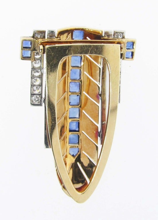 America high style late Art Deco clip in 14kt. yellow and white gold clip measuring 1 1/2