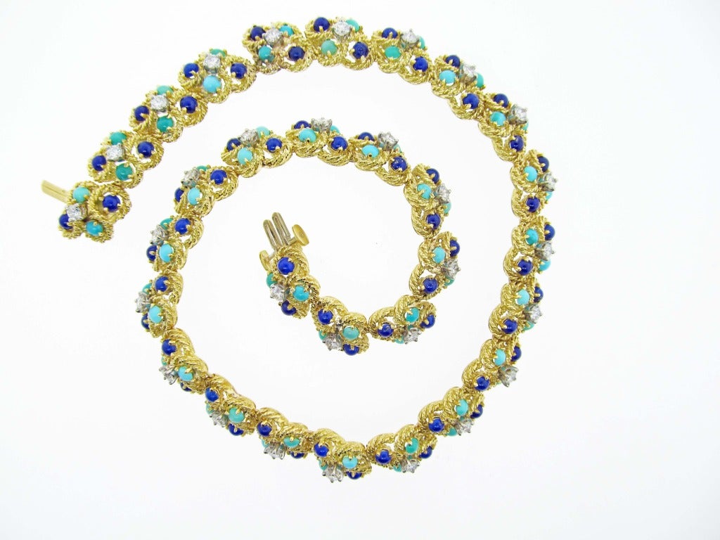 Collar of Lapis Lazuli Turquoise and Diamonds In Excellent Condition For Sale In Lambertville, NJ