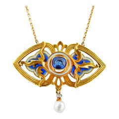 Art Nouveau GAUTRAIT Plique Enamel Pendant with Sapphire
