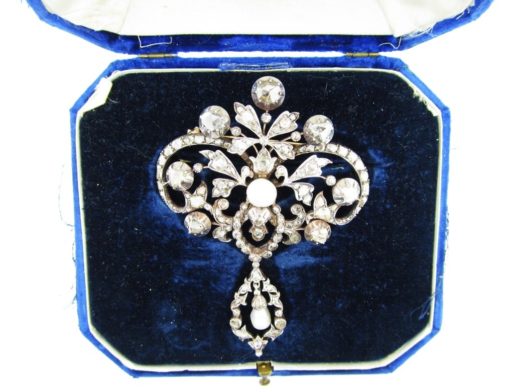 Early Natural Pearl Rose Cut Diamond Brooch In Fair Condition In Lambertville, NJ