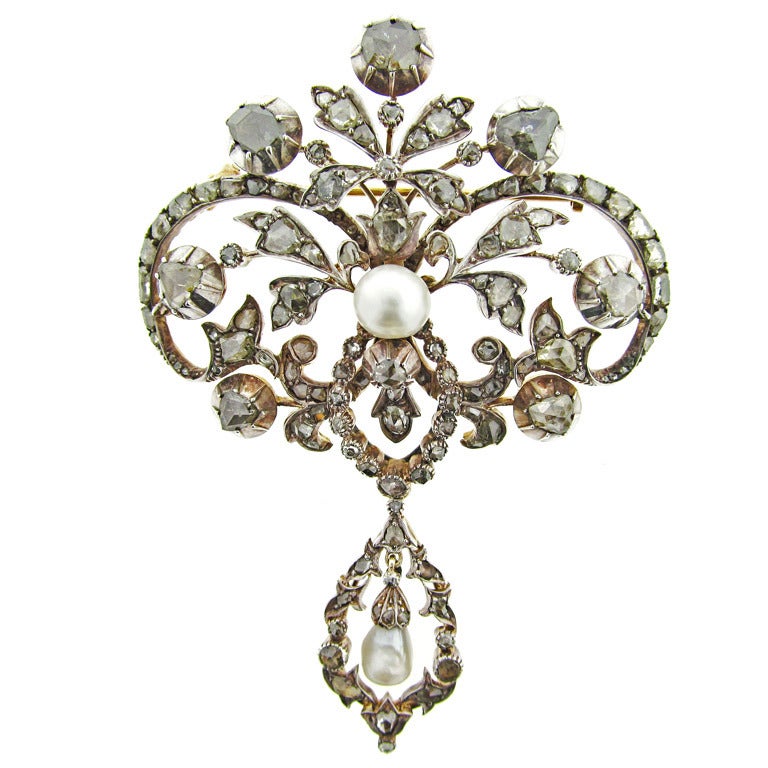 Early Natural Pearl Rose Cut Diamond Brooch