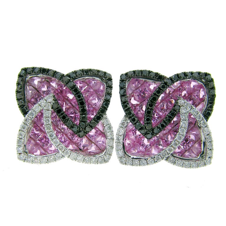 Pink Sapphire Black and White Diamond Pinwheel Design Earrings For Sale