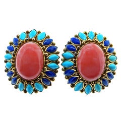 Great Natural Coral Turquoise Lapis Lazuli Earrings