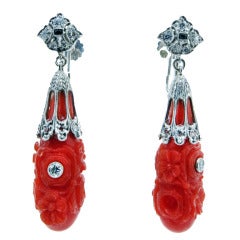 Art Deco Carved Coral Diamond Drop Earrings
