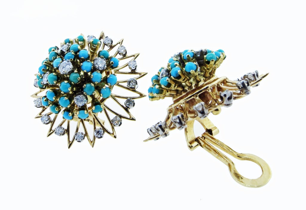 Very 60's turquoise and diamond cluster center earrings that tremble on the ear. Each of the 1 1/4