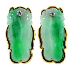 Custom Made Carved Fish Design Jade and Diamond Earrings