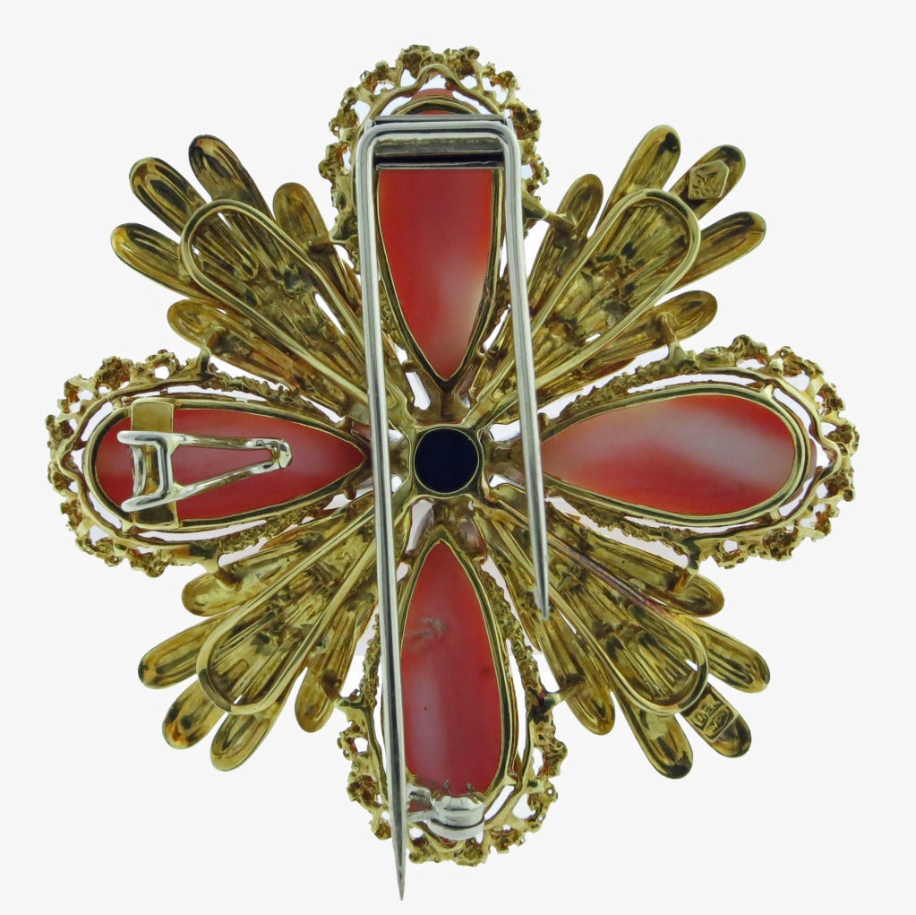 Vibrant Coral Lapis and Diamond Maltese Cross Brooch
