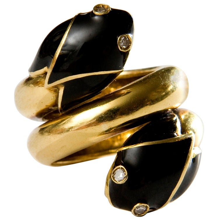 Double headed gold and enamel snake ring with diamond eyes