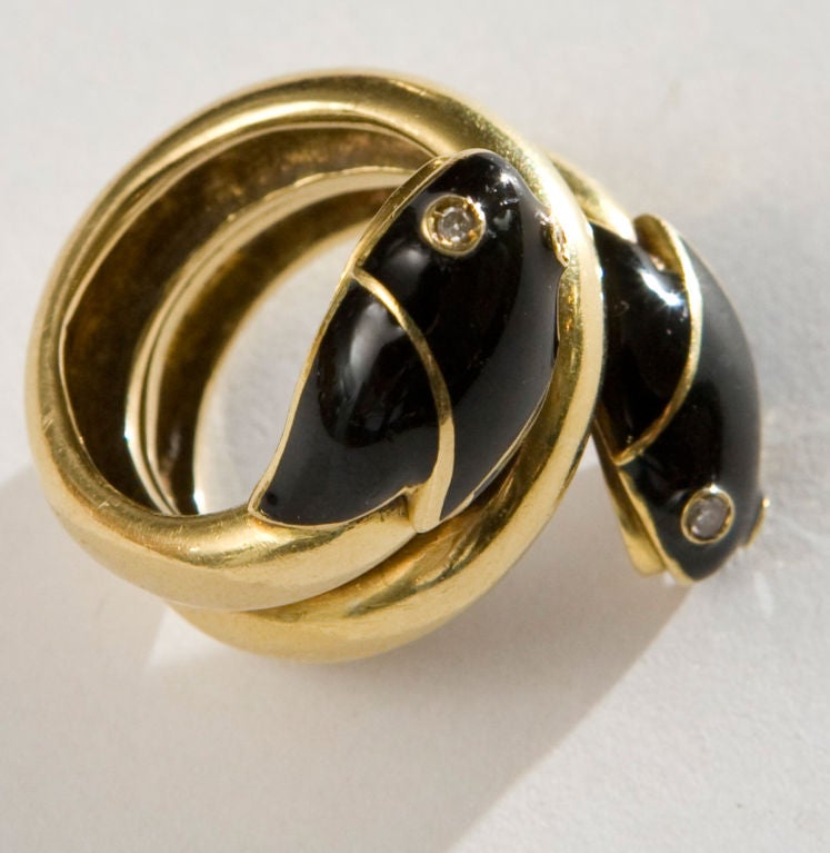 Women's Double headed gold and enamel snake ring with diamond eyes