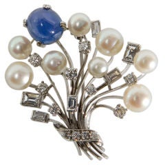 Ruser platinum brooch with diamonds, sapphire and pearls
