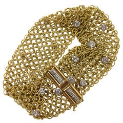 Gold woven mesh bracelet with diamonds