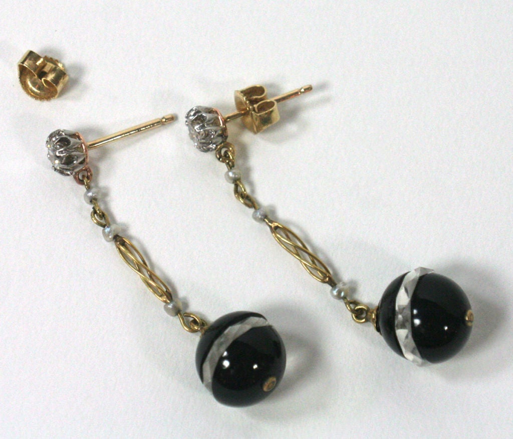 Antique Pair of Onyx, Diamond and Pearl Drop Earrings
