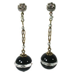 Antique Pair of Onyx, Diamond and Pearl Drop Earrings
