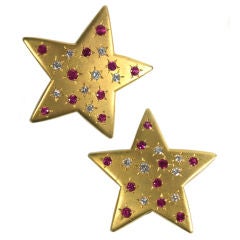 Pair of Gold Star Clip Earrings with Rubies and Diamonds
