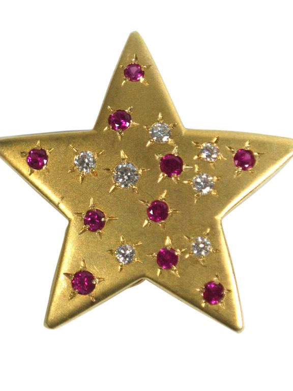 Pair of Gold Star Clip Earrings with Rubies and Diamonds