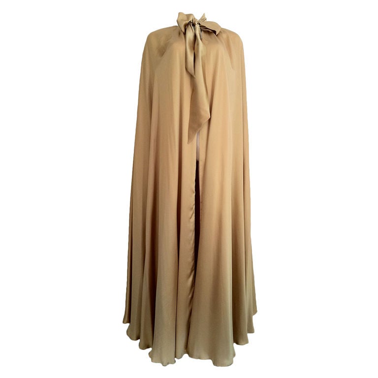 Incredible 1970s Loris Azzaro Ivory Silk Fantasty Voluminous Full Trained Cape w Oversized Hood