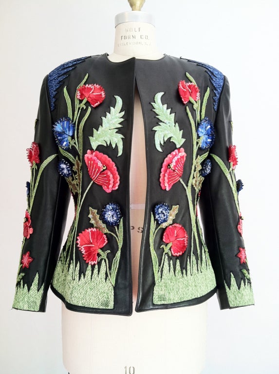 An exquisite and rare vintage Jean-Claude Jitrois Haute Couture embroidered leather jacket (Couture #26 967). Outstanding floral embroidery from the House of Lasage (multi-color silk, sequin and crystal beading). Finest most supple black leather