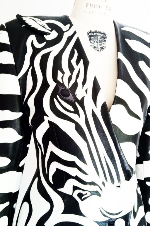 A fine and rare vintage Jean-Claude Jitrois haute couture 'zebra' pieced leather jacket. Graphic black and white precision seamed leather item features a 'zebra' head and attached sculpted 'ear' front panel. Fully silk lined with two button front,