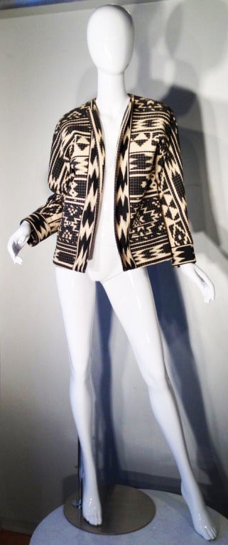 A fine vintage Donald Brooks quilted 'ikat' print jacket. Item fully lined with open front (no closures).