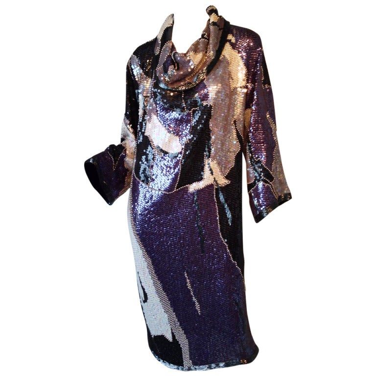 Halston Camouflage Sequin Cocktail Dress 1970s For Sale