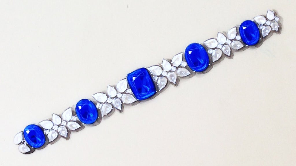 Original American fine jeweler ink and gouache rendering. Rare hand drawn item depicting a sapphire and diamond bracelet. Item for a premier American jeweler ca.1950.