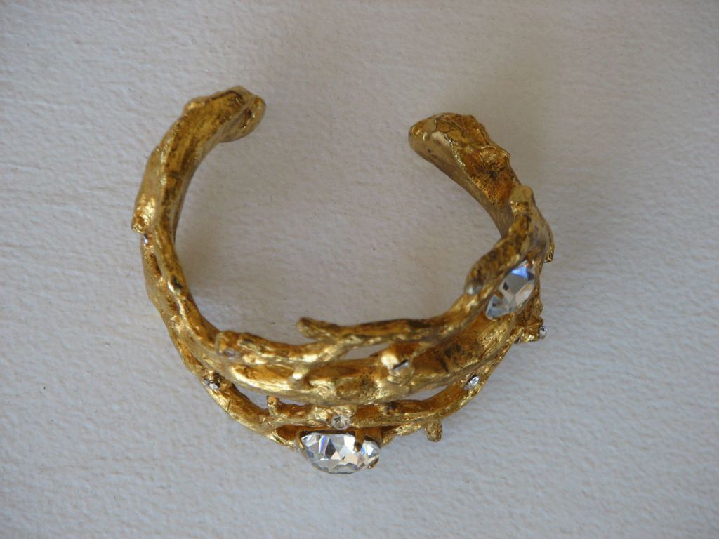 Fine & rare vintage Yves Saint Laurent gilt & crystal 'branch coral' cuff bracelet. Authentic signed item fits all.