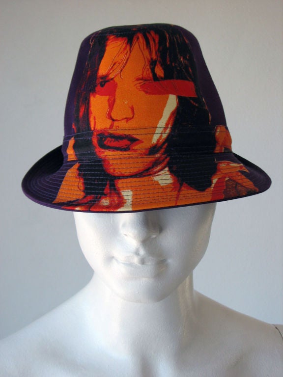 Fine Philip Treacy hat. Authentic Andy Warhol portrait print of Mick Jagger exterior & lined in 'Campbells' Soup can print.